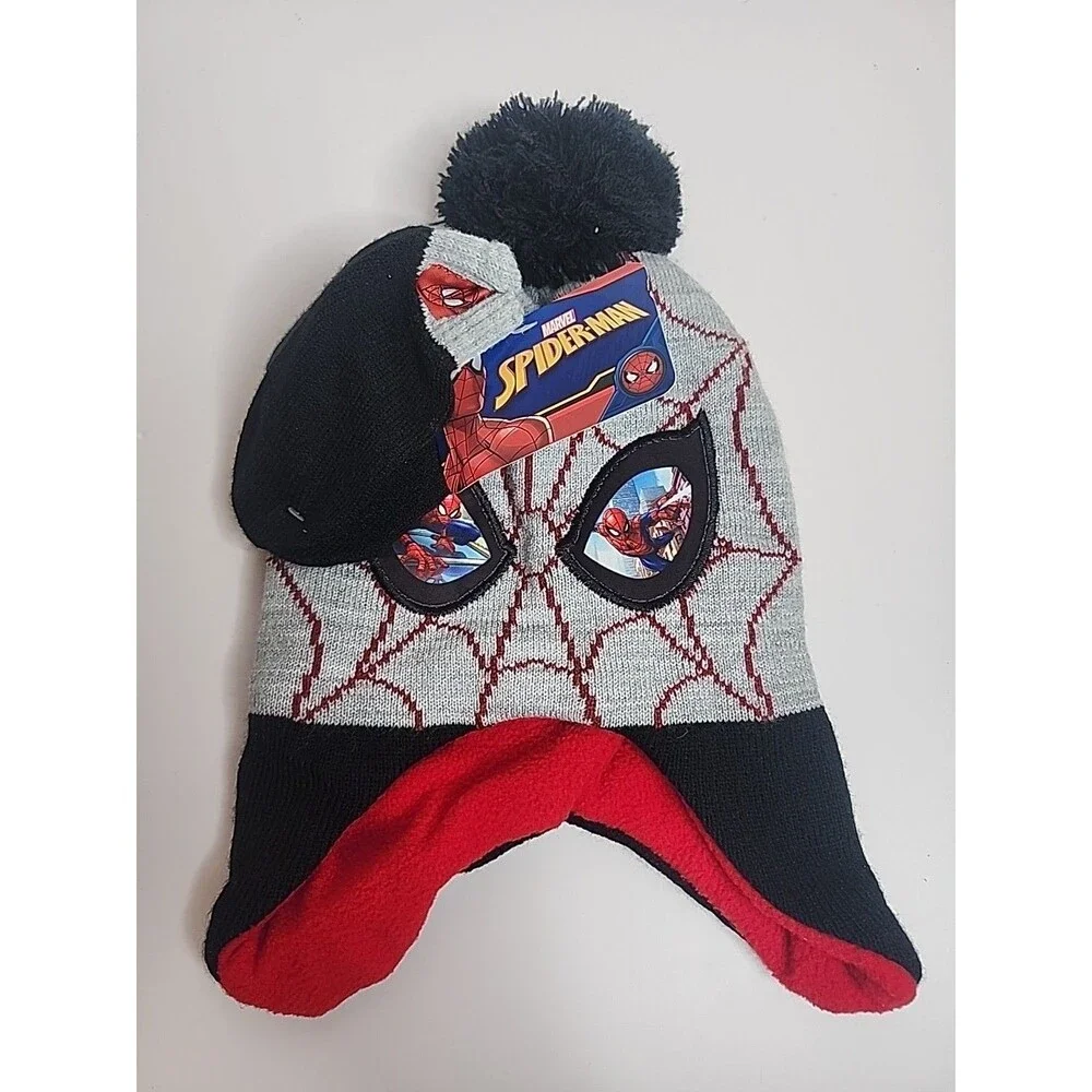 Spider-man Hat & Mitten 2 Piece Set Boys Cold Weather Gray Knit Red Marvel New